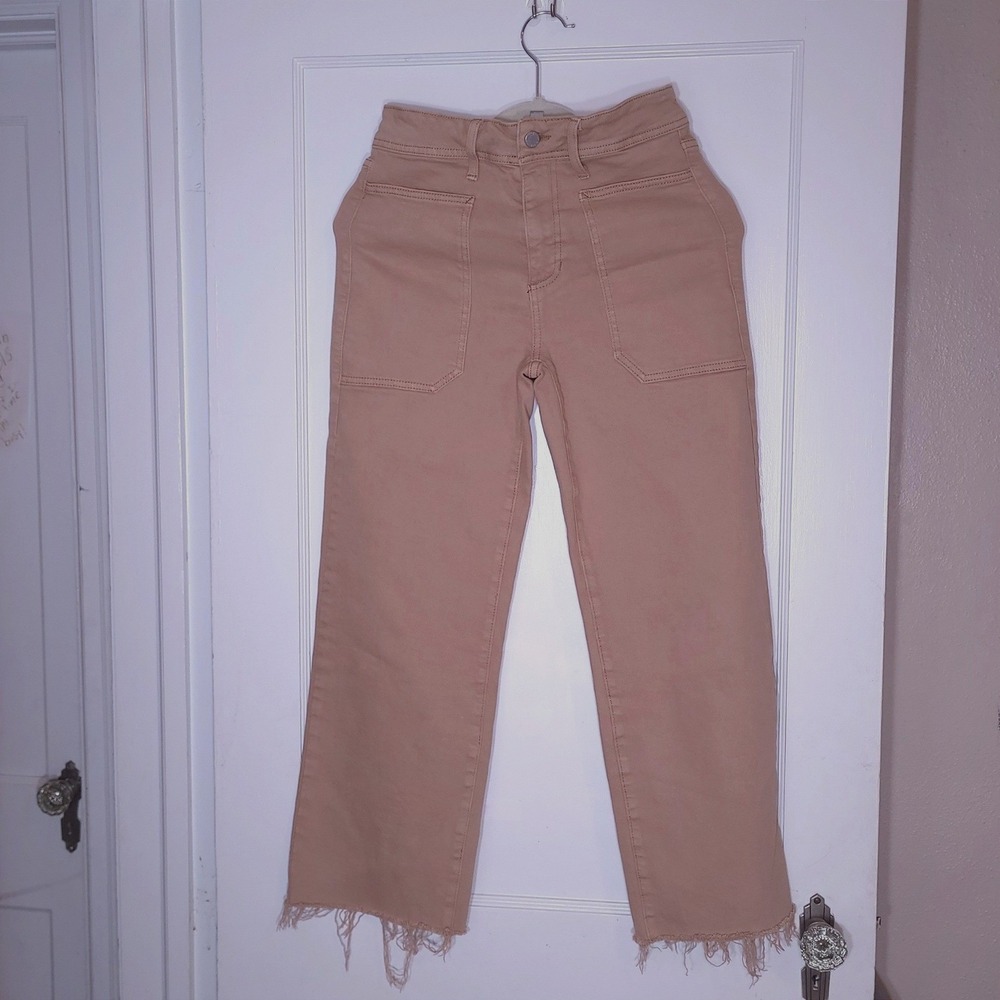 Just Black Denim Tan Khaki High Rise Raw Hem Utility Straight Leg Jean 26 BP353J